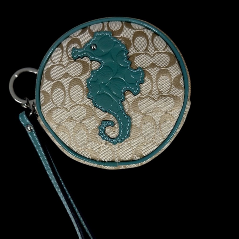 Coach Teal and Tan Seahorse Wristlet